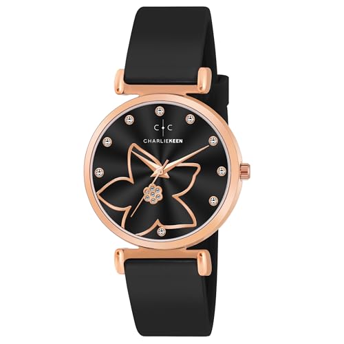 Image of CHARLIEKEEN Women's Watch, Analog Dial with Rose Gold Flower Design, Crystal Accents, Soft Silicone Strap