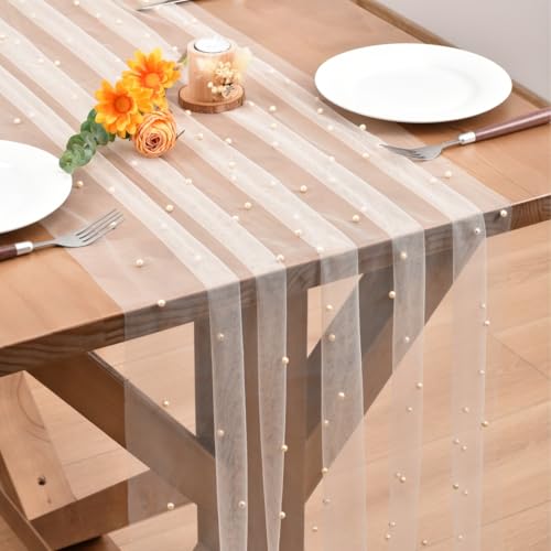 Dlpafzy Light Peach Pearl Table Runner Boho Rustic Tulle Lace Spring Easter Table Runner for Baby Shower Wedding Arch Decor Veil Dessert Table Decor by Dlpafzy - Used condition - US$7.19
