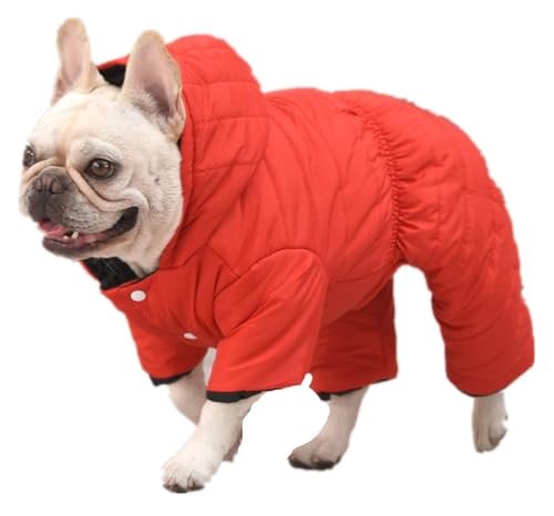 ISUPY ペット服 犬服 つなぎ パーカー 秋冬 中綿コート ジャケット ダウン フード付き かわいい ドッグウェア ロンパース 防寒 あたっか 小中型犬 洋服 四つの足 脱毛保護 着脱簡単 お散歩 お出かけ ペット用品 (4XL,レッド)