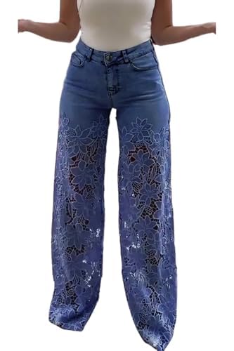 Women's Lace Patchwork Hollow Jeans Floral High Waist Wide Leg Denim Pants Lace Jeans