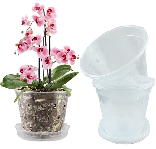 WDragon Clear Orchid Pot,11cm 14cm 17cm Plastic Plant Pots with Holes and Saucers,Nursery Pots for Orchid Repotting Kit (5