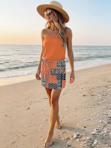 Image of SAUKOLE Summer Dress for Women Strapless Beach Cover Ups Boho Sundress Mini Dress Drawstring Waist with Pockets