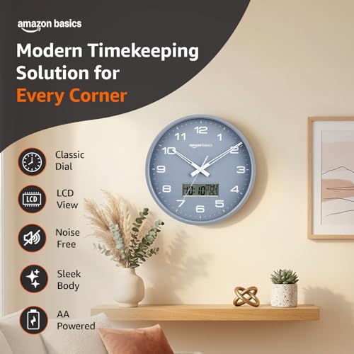 Image of Amazon Basics 12.5 Inch Analog Digital Wall Clock with LCD Display | Day Date Month Temperature | Silent Sweep Quartz Movement | Large Easy Read Numbers | Dual Battery Operated for Home Office (Grey)