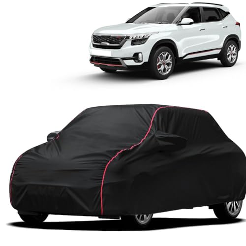 Image of Waterproof Car Cover for Kia Seltos | All-Weather Protection, Dustproof & UV Resistant | Triple Stitched Mirror Pockets, Windproof Buckle Strap with Elastic Hem, Black-Red Piping
