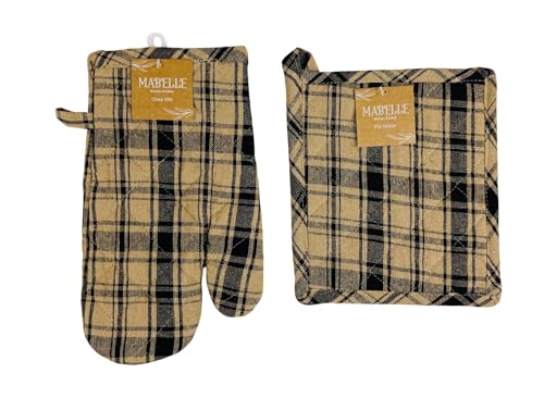 Decorative Kitchen Pot Holders Black Beige Ginham Large Checkered 2 pc Set: (1) Oven Mitt and One (1) Pot Holder