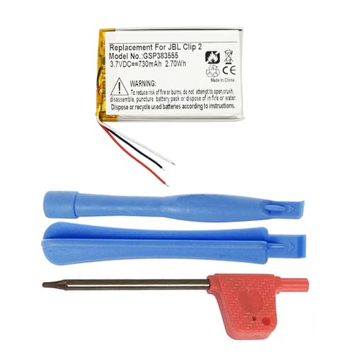 MPF Products 730mAh GSP383555 Battery Replacement Compatible with JBL Clip 2 Waterproof Portable Bluetooth Speaker with Installation Tools