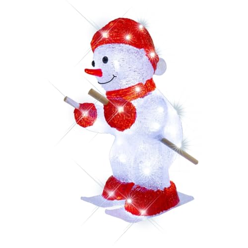 LEALIGHT blachere illumination Bonhomme de Neige Lumineux Skieur – Blanc Pur, Acrylique IP44, Flash Animé – Personnage de Noël 33 cm avec Bonnet & Écharpe Rouges