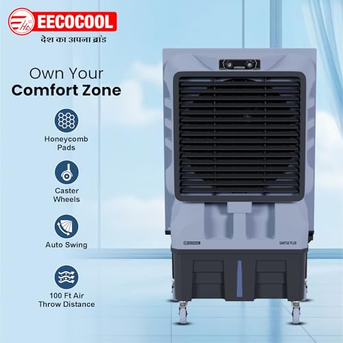 Image of EECOCOOL Santoz Plus 100 L Air Cooler | Powerful Cooling For Large Spaces | 4-Way Air Deflection, Everlast Pump, Heavy-Duty Build & Inverter Compatible | Energy-Saving With High Air Delivery,Black