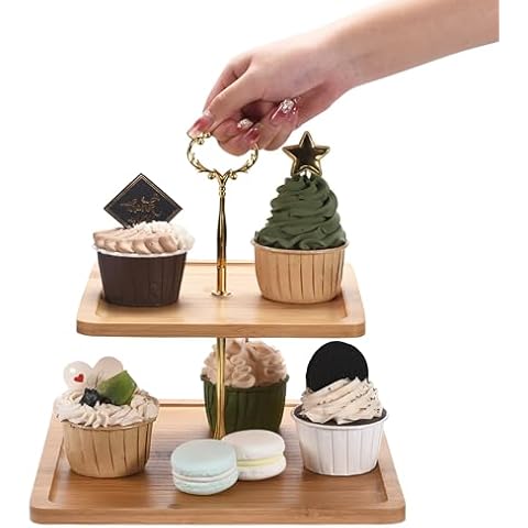 Hallops 2-Tiered Serving Tray - Wood and Metal Cake Stand for Culinary Creations - Elegant and Durable Serving Stand - Ideal for Home Decor and Events - Brown Cover