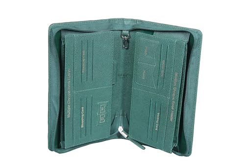 Sukeshcraft Multiple Cheque Book Holder | Original PU Holds Upto 8 Cheque Books, Locker Key Hook, 2 Photo Slots, 1 Pin-Sim Slot, 13 Credit/Debit Card Slots with Matching Zipper (PU -2Tone Green)