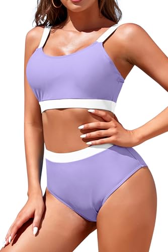 Image of Womens High Waisted Bikini Sets Sporty Crop Top Color Block Swimwear Bandeau Scoop Neck Vintage Two Piece Bathing Suits