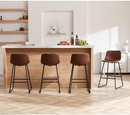 HeuGah Bar Stools Set of 4,Faux Leather Counter Height Bar Stools,26" Bar Chairs with Back,Modern Counter Stool for Kitchen Island (4, Brown)