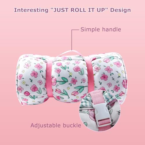 Image of Toddlers Nap Mat with Removable Pillow and Soft Blanket, Lightweight Daycare Preschool Kindergarten Sleeping Bag, Travel Slumber for Kids Girls Boys (Pink Flowers)