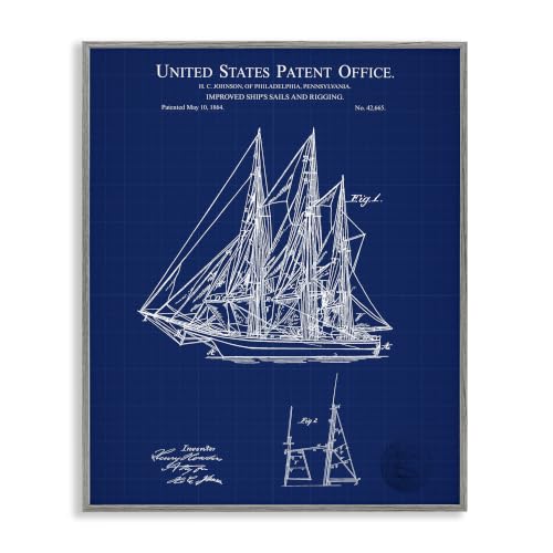 Nautical Blueprint Sailboat Diagram, 11 x 14 Inch Framed Giclée Print