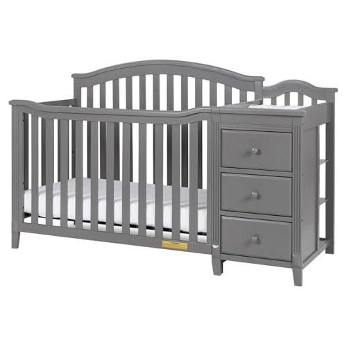 Image of Pemberly Row 4-in-1 Convertible Crib & Changer, Solid Pine Wood, Gray Finish, Changing Table with 3 Drawers and Shelves, Adjustable Mattress Support, Converts to Toddler Bed /Daybed /Full-Size Bed