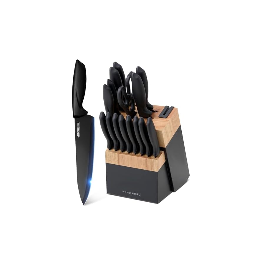 Home Hero Kitchen Knife Set with Sharpener - High Carbon Stainless Steel Knife Block Set with Ergonomic Handles (16 Pcs - Black/Wood)