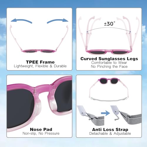 Foldable Polarized Kids Sunglasses with Adjustable Strap, UV400 TPEE Frame Sunglasses for Boys & Girls Age 3-124