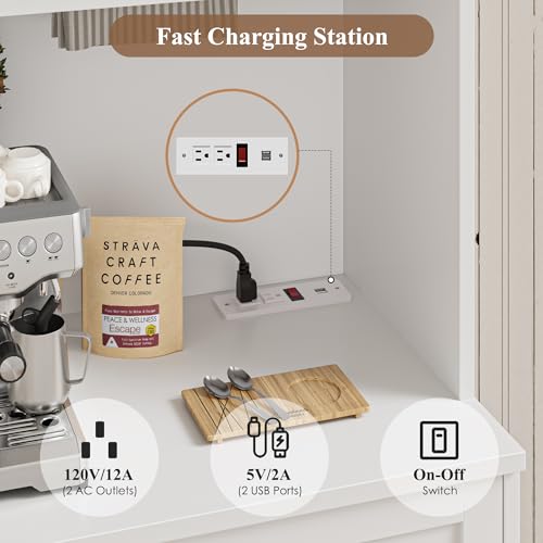 Image of HOSTACK 75.4 inch Tall Kitchen Pantry Cabinet with Charging Station, Modern White Kitchen Hutch with Microwave Stand and Wine Racks, Large Food Pantry Storage Cabinet with Glass Doors and Drawers, White