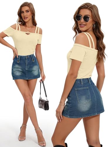 Image of Bliwov Womens Cold Shoulder Tops Short Sleeve Cute Sexy Summer Spring Beach Vacation T Shirts Fashion Outfits Basic Clothes
