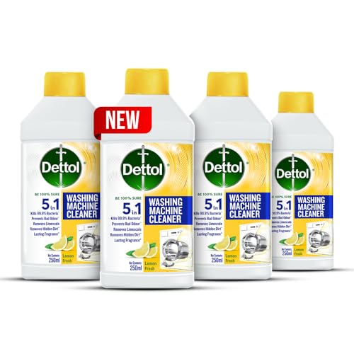 Image of Dettol 5 in 1 Washing Machine Cleaner & Descaling Liquid for top load and front load| Lemon 250ml | Removes Limescale, Dirt and Bad odour | Kills 99.9%* Bacteria | Pack of 4