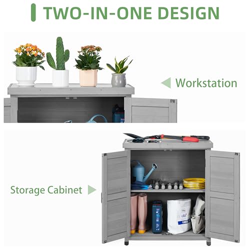 image for Mederla Potting Bench with Storage Cabinet and Metal Table Top for Out
