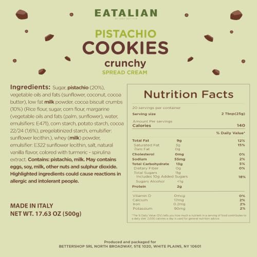 Image of EATALIAN by AMZ BETTER Pistachio Cream with Sweet Crunchy Cookies, 17.63 oz /500 gr, Delicious Spread with a Uniquely Sweet Taste, Ideal on Bread, Excellent for Dubai Chocolate, Made in Italy
