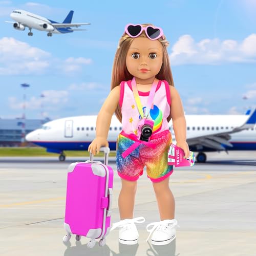 ZITA ELEMENT 24 Pcs 18 Inch Girl Doll Accessories Suitcase Luggage Travel Set Including 18 Inch Doll Clothes Luggage Pillow Blindfold Sunglasses Camera Computer Cell Phone Ipad and Other Stuff