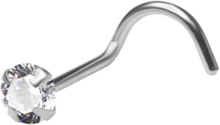 14K Solid Gold with Round Cz Gemstone 20 Gauge Corkscrew Twist Nose Screw Piercing Jewelry
