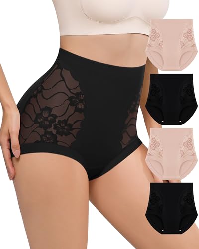 Image of Women's Underwear High Waisted Lace Panties Nylon Soft Full Coverage Breathable Ladies Briefs 4 Pack