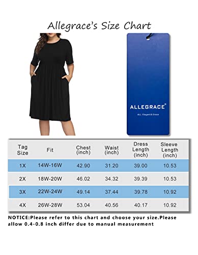 Allegrace Women Plus Size Half Sleeve Round Neck Cocktail Midi Dress Ruffle Party Dresses Black 1X #TOP2