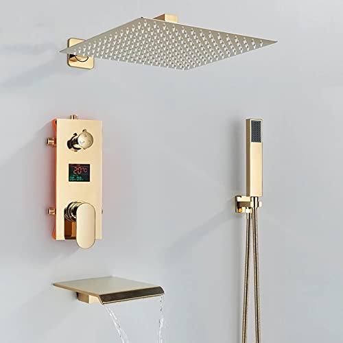 Douche de tête et douchette dorée encastrable avec bec cascade 20cm - 3