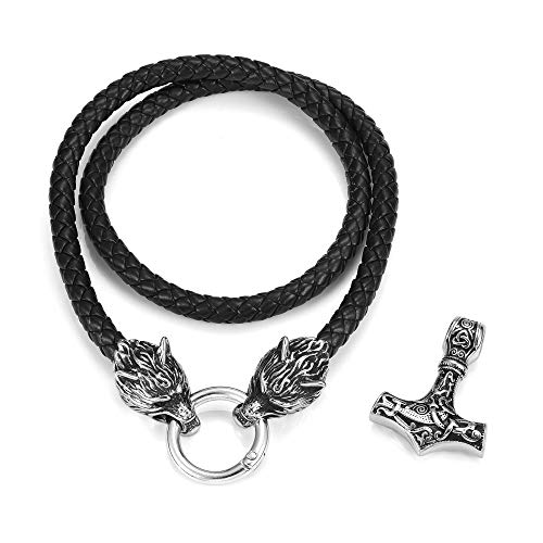Collier Mjolnir en acier inoxydable et cuir véritable pour homme