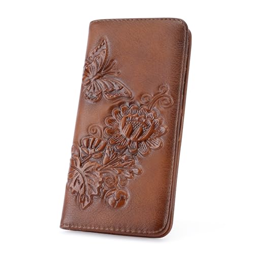 Image of Wallet Women Ultra Slim Thin Rfid 3D Embossed Vegan Leather Womens Wallet Clutch Long Ladies Wallet (02-Red-Brown)