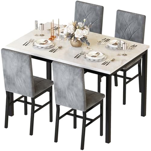 Hooseng Dining Table Set for 4 Faux Marble Kitchen Table and Chairs Set of 4,5 Piece with Velvet Upholstered Dinner Chairs for Compact Dining Room,Small Space,Grey