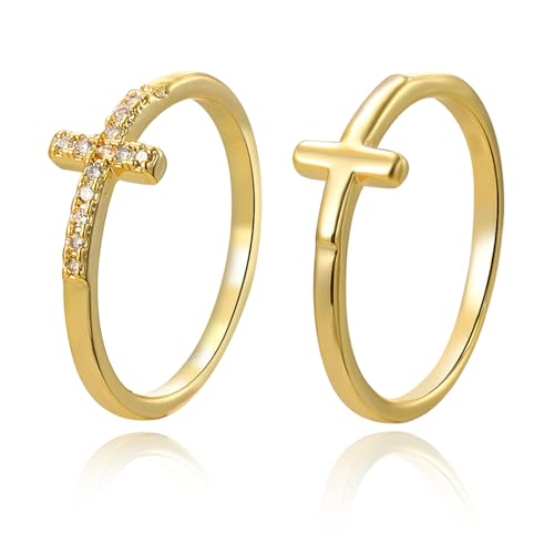 YBMYCM Cross Gold Rings, Dainty Stackable Ring Set 18k Gold Plated Thin Crystal Cross Finger Rings for Women Statement Rings Wedding Bands Rings Size 6-10