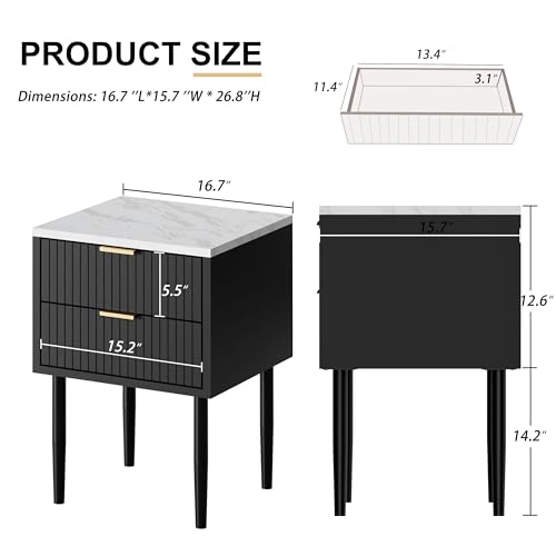 UEV Black Nightstand Set of 2 for Bedroom,Modern Two Drawers Nightstand with Gold Handles & Faux Marble Top,Tall Accent Side Table