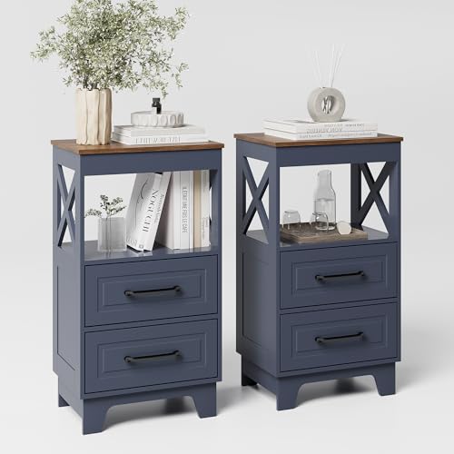 ZYKZYK Tall Nightstand Set of 2 Side Table with 2 Drawers Modern Night Stand Wooden Rustic End Table Bedside Table with Upper Open Shelf Solid Feet for Bedroom, Living Room, Navy Blue+Walnut