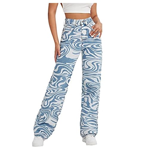 Floerns Women's High Waist Print Pants Y2K Print Wide Leg Denim Jeans Blue L