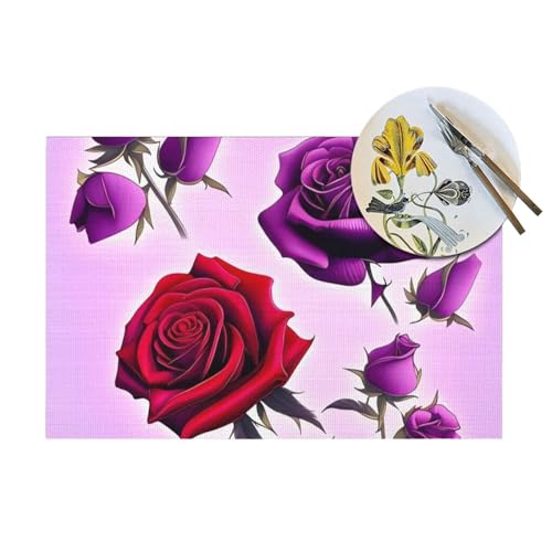 Set de table rectangulaire PVC tissé roses rouges et violettes - 7