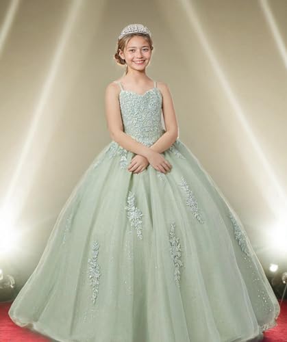 Sparkly Tulle Lace Appliques Flower Girl Dress Spaghetti Straps Pageant Dresses with Train Girls Ball Gown4