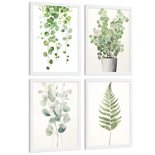 Nacnic Set De 4 Laminas Flores Botanico Verde. Arte De Pared Botánico Boho Minimalista Posters Florales Para Dormitorio Sala De Estar Cocina A4 Marco Blanco