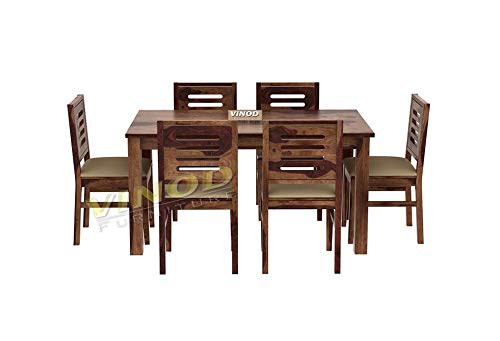Image of VINOD FURNITURE HOUSE Sheesham Wooden Wood 6 Seater Dining Table Set with 6 Chair for Dining Room Wooden Dining Chairs Set of 6 Living Room Furniture Teak Wood Dining Table 6 Seater Teak Finish