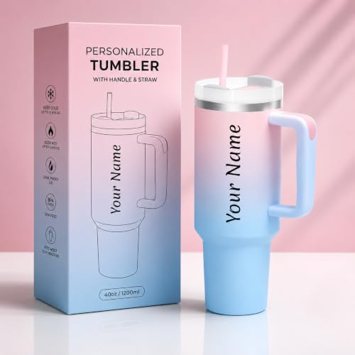Image of WEZOSHINET Personalized 40oz / 1200ml Insulated Tumbler with Handle and Straw, Stainless Steel Travel Cup, Reusable Water Bottle with Leak-Resistant Lid, Cup Holder for Car, Office, Gym & Outdoor