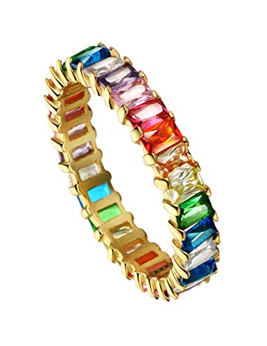 Michooyel Sterling Silver Eternity Rainbow Ring Band Ring for Women 18K Gold Plated Baguette Multicolor Cubic Zirconia Eternity Ring
