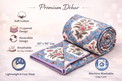 Image of 3-Layered Pure Cotton Reversible Dohar for Single Bed 60 x 90 Inches | Super Soft Lightweight AC Blanket /Quilt | All-Season Comfort & Washable Printed Cotton Dohar (Pack of 1) - Design 1