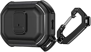 حافظة سماعات واقية وصلبة مع مشبك قفل آمن وسلسلة مفاتيح مضادة للصدمات للرجال والنساء متوافقة آبل ايربودز برو 2 الجيل الثاني 2022 لون أسود صدفة