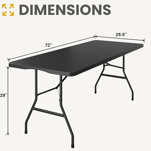 Image of BTEXPERT Fold-in-Half Folding Utility Table 6 Feet 72 inch x 29.5 inch Lightweight Portable Carrying Handle, Indoor Outdoor Picnic Camping Office Home Party Wedding Event Easy to Clean Store & Care Black