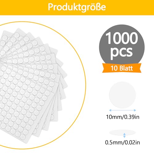 Moosono 1000 Stück Doppelseitige Klebepunkte, 10mm Foto Klebepads, Rund Transparente Aufkleber Keine Spuren Selbstklebende Klebepunkte für Poster, Ballon, Papier, Bürobedarf, DIY Basteln(10 Blatt)