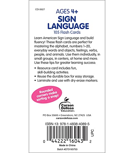 Carson Dellosa American Sign Language Flash Cards For Toddlers, Asl Flash Cards, 122 Asl Signs Including Sight Words, Alphabet, Numbers, Feelings, Animals, Preschool And Kindergarten #TOP1