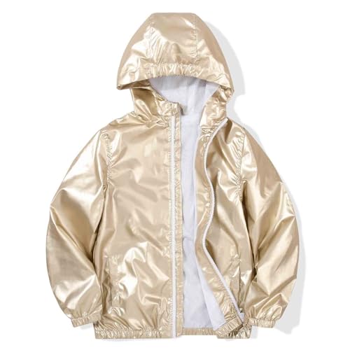SUNDAY ROSE Girls Windbreaker Jackets Lightweight Water Resistant Coat Outwear with Hooded for Kids Gold Size 12